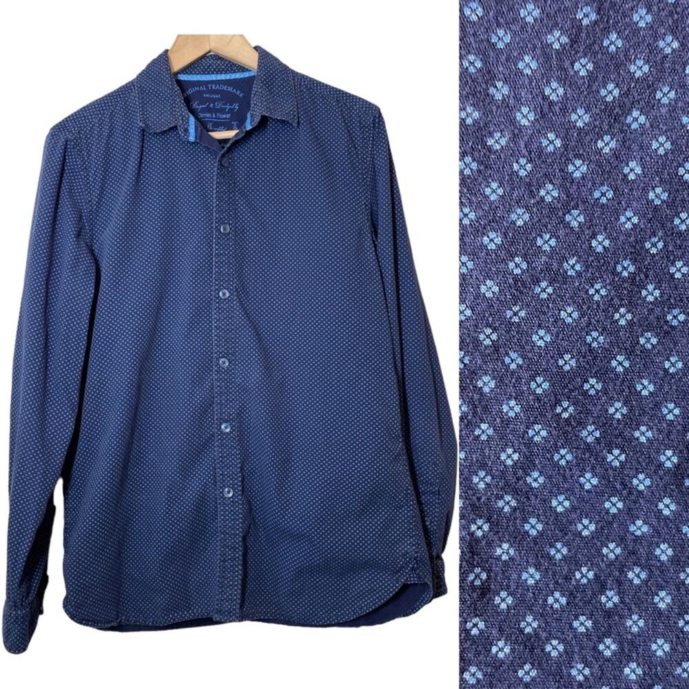 Denim & Flower Mens Navy Blue Button Down Shirt Long Sleeve Medium